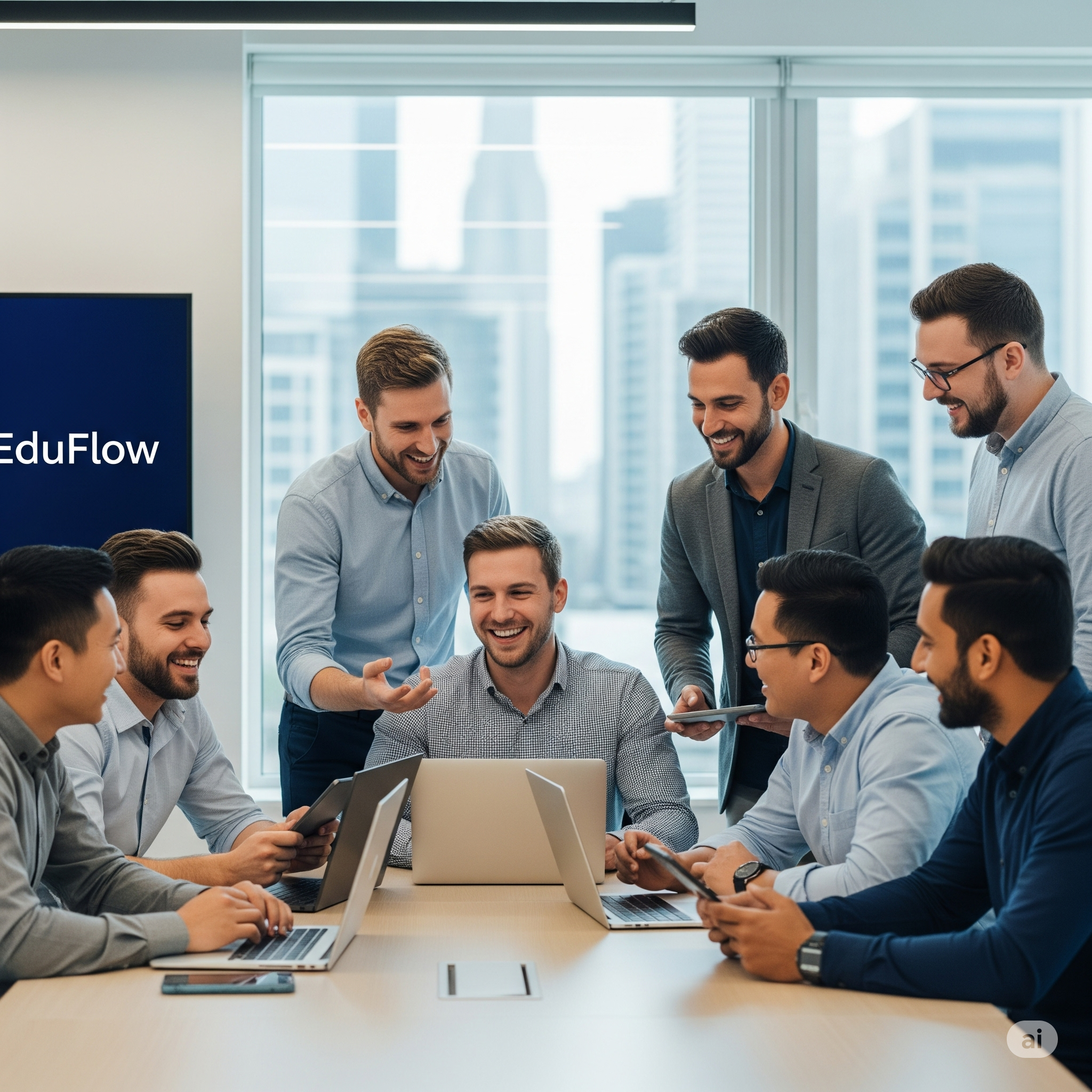 A modern office environment with a team discussion